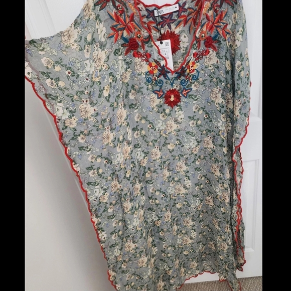 Zara Dresses & Skirts - Zara Floral Maxi Dress in Sage Green with Red Embroidery